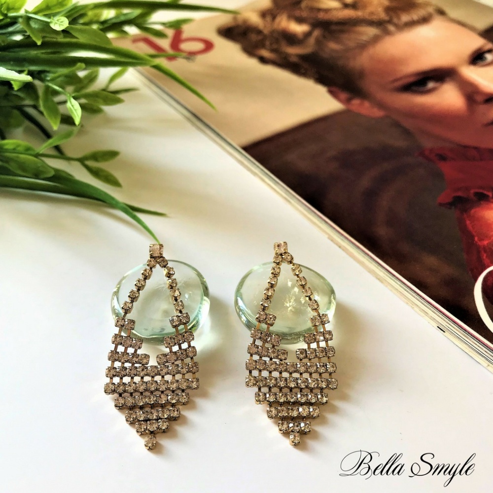 White Dangle Gems Gold Statement Earrings